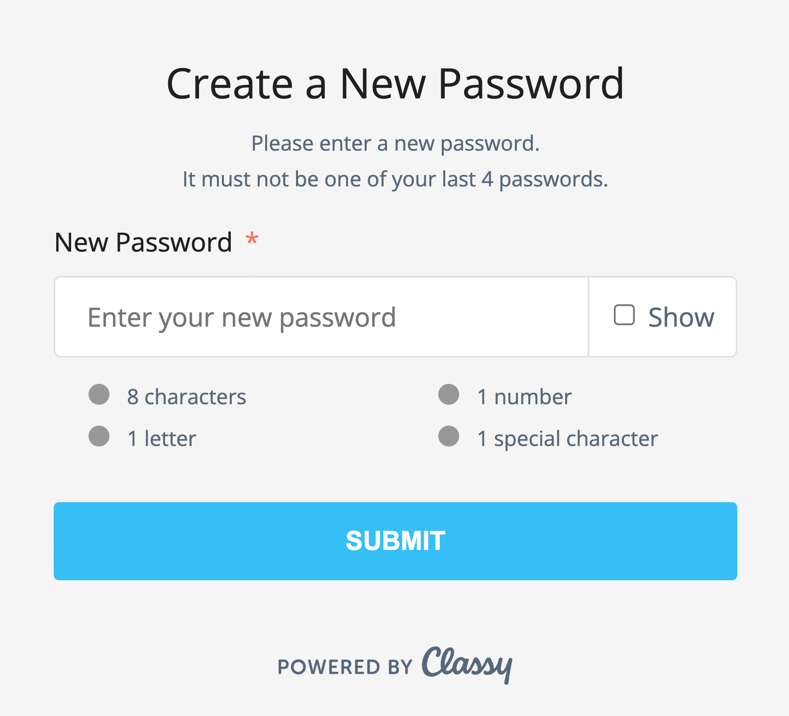 Screenshot of the create a new password form
