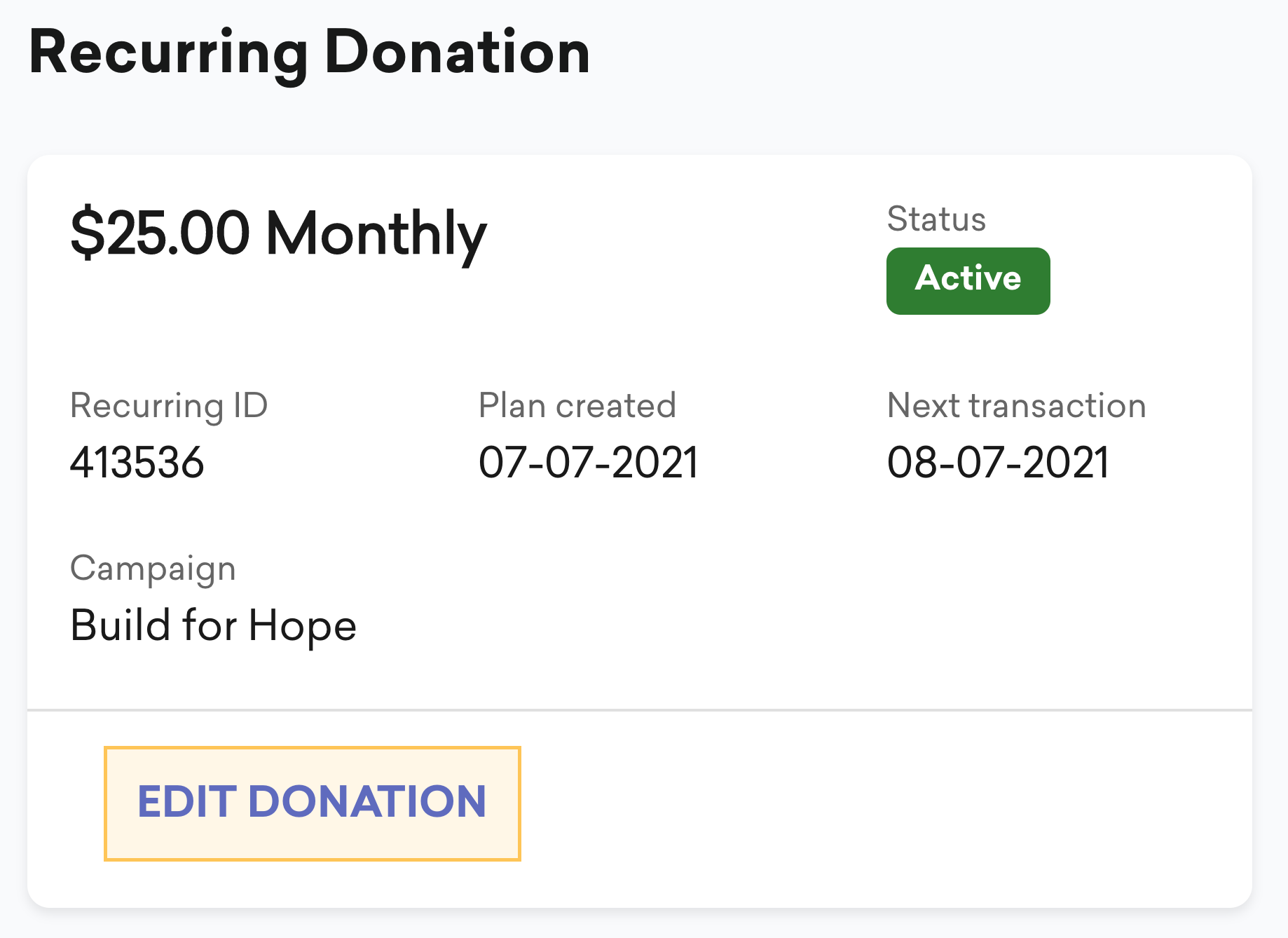 screenshot of a recurring donation on Classy