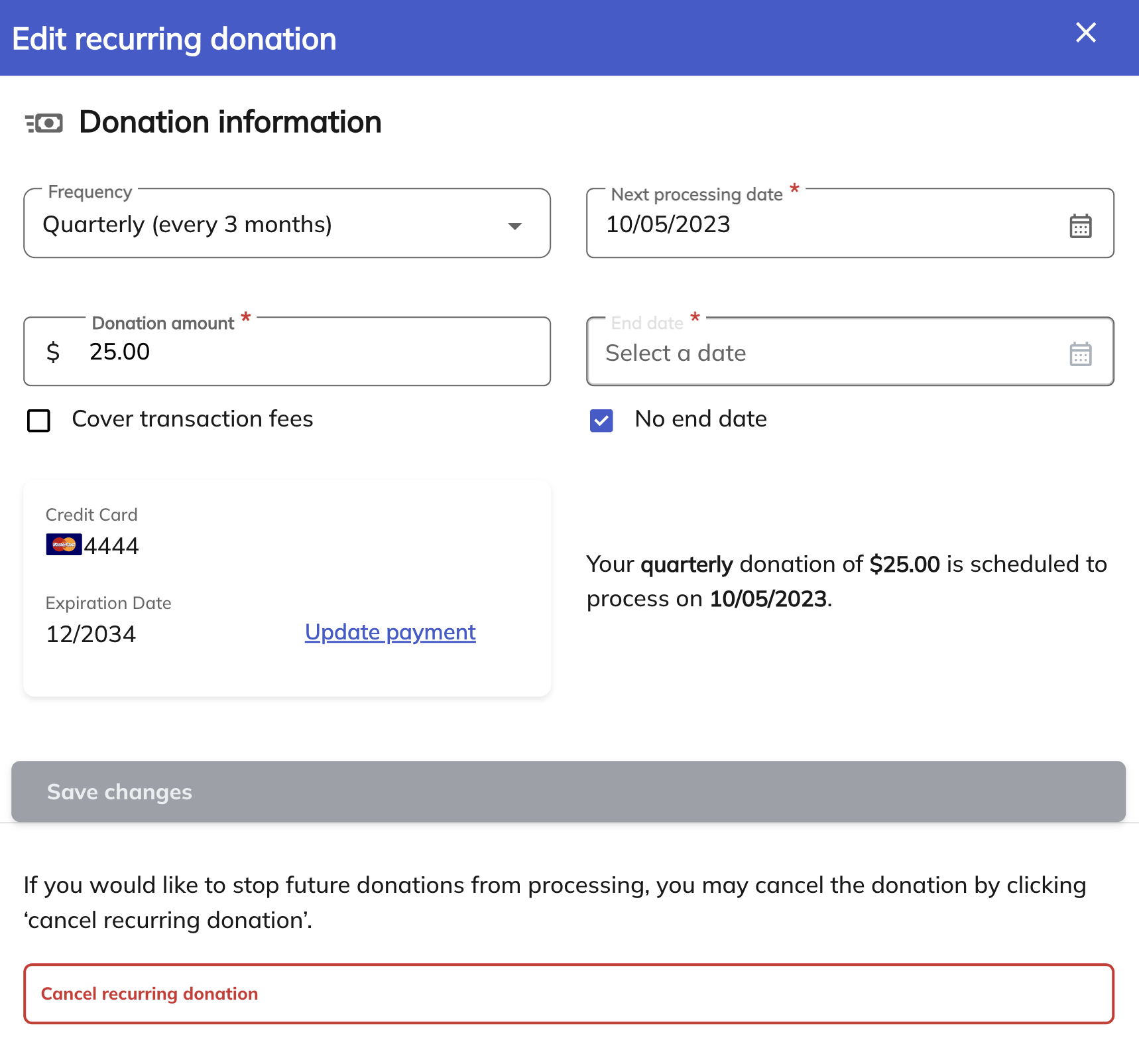 screenshot of the edit recurring donation form on Classy